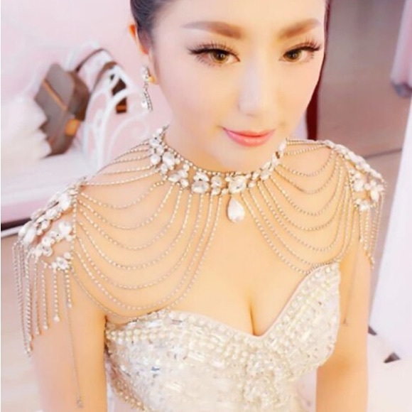 Rhinestone/Tulle Frills Bridal Shoulder Tassel, Glam Coverup for Strapless Dress - Picture 2 of 10